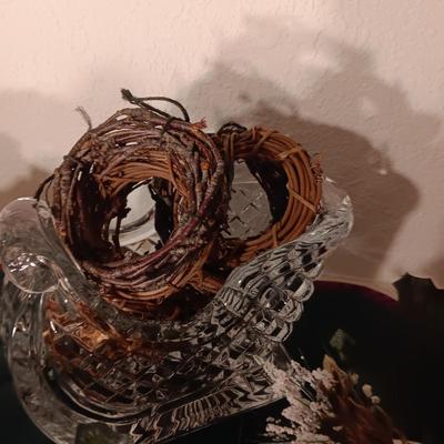 VERY NICE BIRD FLORAL PICKS AND A GLASS SLEIGH