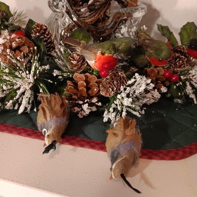 VERY NICE BIRD FLORAL PICKS AND A GLASS SLEIGH