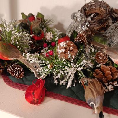 VERY NICE BIRD FLORAL PICKS AND A GLASS SLEIGH