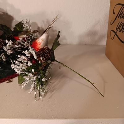VERY NICE BIRD FLORAL PICKS AND A GLASS SLEIGH