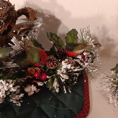 VERY NICE BIRD FLORAL PICKS AND A GLASS SLEIGH