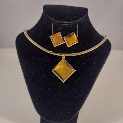 Necklace and Earring Set- Gold Tone with Tiger's Eye (#12)