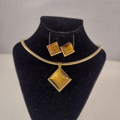 Necklace and Earring Set- Gold Tone with Tiger's Eye (#12)