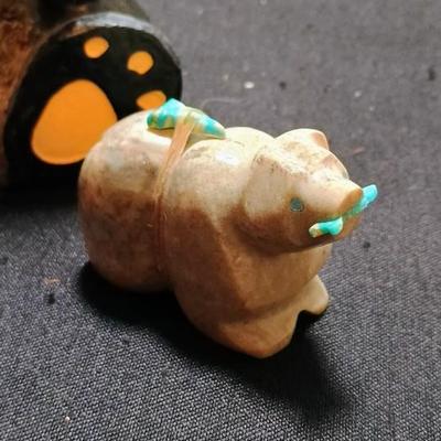 BEARFOOTS BEAR CANDLE HOLDER AND A SIGNED BEAR WITH TURQUOISE ACCENTS