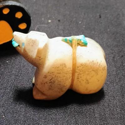 BEARFOOTS BEAR CANDLE HOLDER AND A SIGNED BEAR WITH TURQUOISE ACCENTS