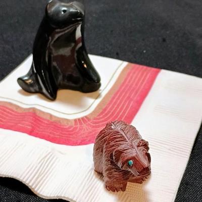 2 BEAR FETISHES, BLACK BEAR SIGNED JOO POBI SANTA CLARA PUEBLO, 2ND BEAR SIGNED BC ZUNI