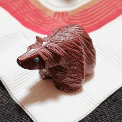 2 BEAR FETISHES, BLACK BEAR SIGNED JOO POBI SANTA CLARA PUEBLO, 2ND BEAR SIGNED BC ZUNI