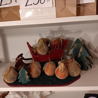 WOODEN SLEIGH WITH SATIN LIKE PEAR ORNAMENTS AND WOODEN TREES