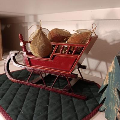 WOODEN SLEIGH WITH SATIN LIKE PEAR ORNAMENTS AND WOODEN TREES