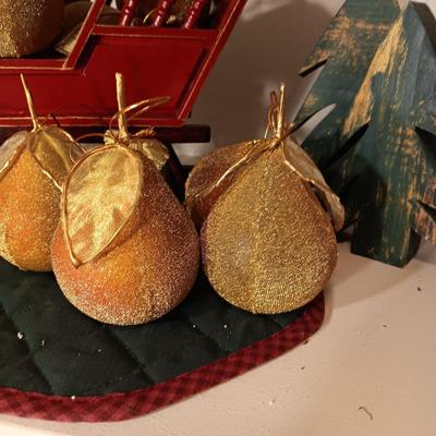 WOODEN SLEIGH WITH SATIN LIKE PEAR ORNAMENTS AND WOODEN TREES