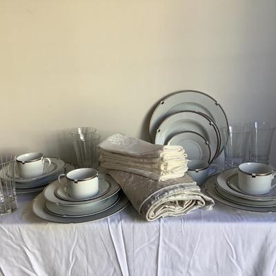 K707 Mikasa Invitation Platinum China w/Striped Glasses and Lenox Tablecloth
