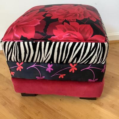 LR715 Floral, Striped, Red Upholstered Footstool