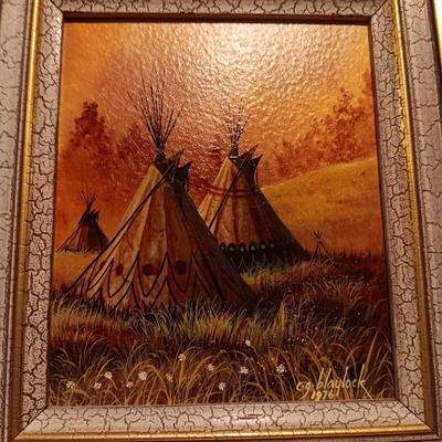 OIL PAINTING OF TEEPEES BY CG BLAYLOCK AND "TREE TRUNKS IN FALL GRASSES" BY PROCTOR