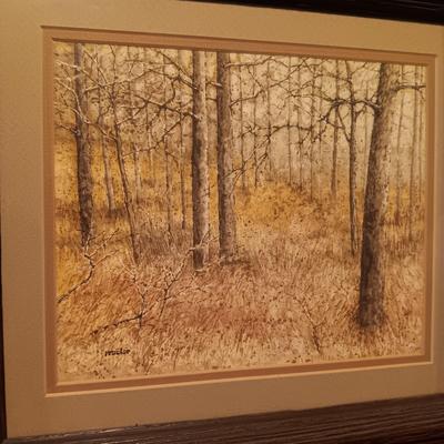 OIL PAINTING OF TEEPEES BY CG BLAYLOCK AND "TREE TRUNKS IN FALL GRASSES" BY PROCTOR