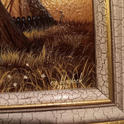 OIL PAINTING OF TEEPEES BY CG BLAYLOCK AND "TREE TRUNKS IN FALL GRASSES" BY PROCTOR