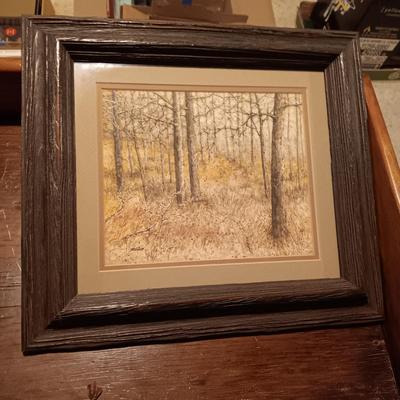 OIL PAINTING OF TEEPEES BY CG BLAYLOCK AND "TREE TRUNKS IN FALL GRASSES" BY PROCTOR