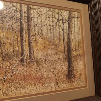 OIL PAINTING OF TEEPEES BY CG BLAYLOCK AND "TREE TRUNKS IN FALL GRASSES" BY PROCTOR
