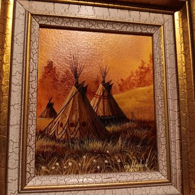 OIL PAINTING OF TEEPEES BY CG BLAYLOCK AND "TREE TRUNKS IN FALL GRASSES" BY PROCTOR