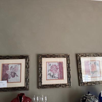 DR727 Lot of Three Oriental Floral Prints with Gold Black Accent Frames