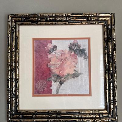 DR727 Lot of Three Oriental Floral Prints with Gold Black Accent Frames