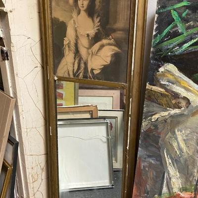 A lovely antique oblong Trumeau mirror with a litho