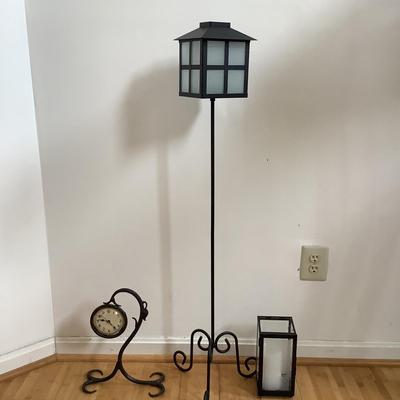 MB745 Lot of Iron Lantern on Stand, Floor and Iron Desk Clock