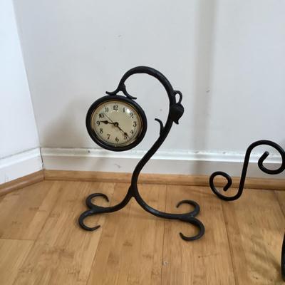 MB745 Lot of Iron Lantern on Stand, Floor and Iron Desk Clock