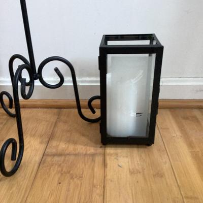 MB745 Lot of Iron Lantern on Stand, Floor and Iron Desk Clock