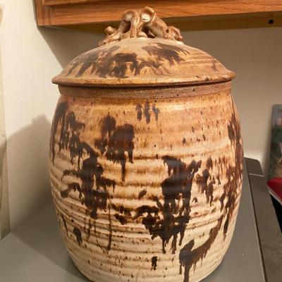 Neutral Earth Tone Studio Art Pottery Canister With Lid Signed