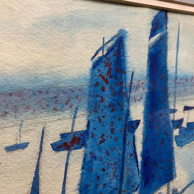 FRamed MCM style blue boats watercolor