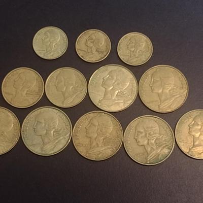 Set of 12 French Centimes Coins 5, 10, 20 Denomination Various Dates Circulated (96)