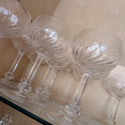 Set of 10 Etched Crystal Glasses plus Pitcher