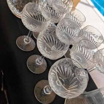 Set of 10 Etched Crystal Glasses plus Pitcher
