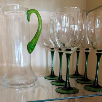 Set of 6 Green Stem Glasses with Pitcher