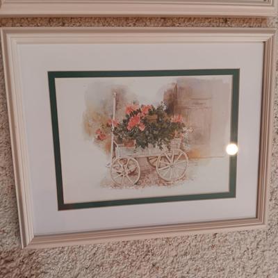 2 SIGNED PICTURES OF FLOWER CARTS PLUS TIN LEAF WALL DECOR
