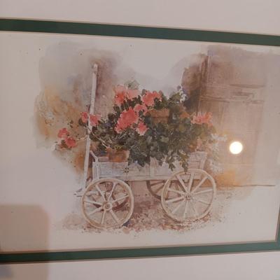 2 SIGNED PICTURES OF FLOWER CARTS PLUS TIN LEAF WALL DECOR