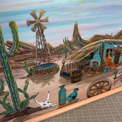 Pen on Canvas,  Painting Original By  Tony RYALS, Sign Desert Homestead Scene