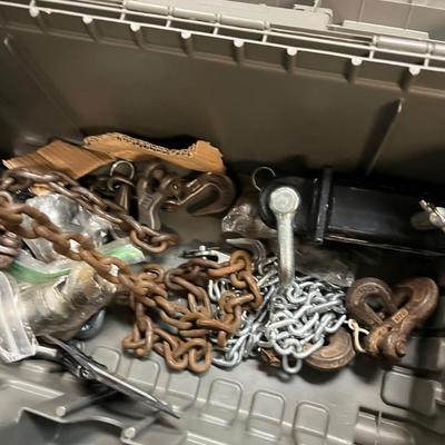 Tool Box Full of Chain, Receiver Hitch, Hooks, And Balls