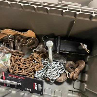 Tool Box Full of Chain, Receiver Hitch, Hooks, And Balls