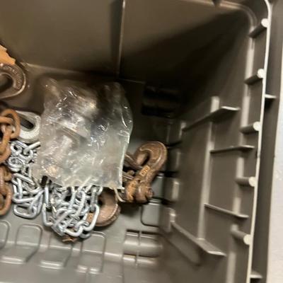 Tool Box Full of Chain, Receiver Hitch, Hooks, And Balls