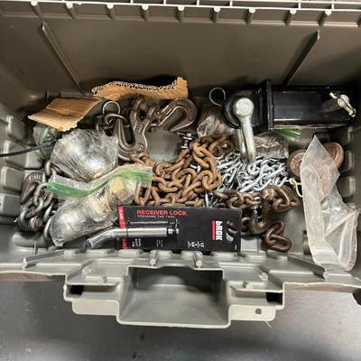 Tool Box Full of Chain, Receiver Hitch, Hooks, And Balls