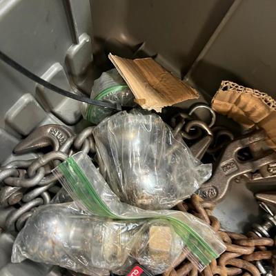 Tool Box Full of Chain, Receiver Hitch, Hooks, And Balls