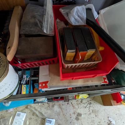 Plastic Shelving Unit Approx 32 1/2" x 13" x 73 1/2" & Assortment Of Hardware Sandpaper