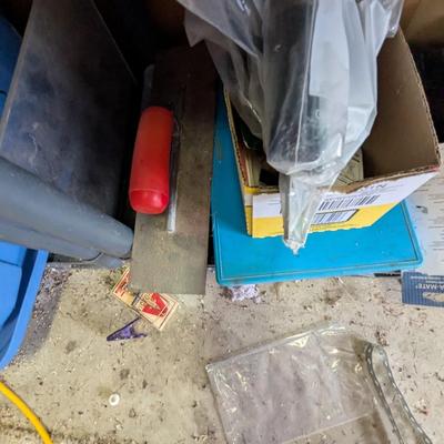 Plastic Shelving Unit Approx 32 1/2" x 13" x 73 1/2" & Assortment Of Hardware Sandpaper