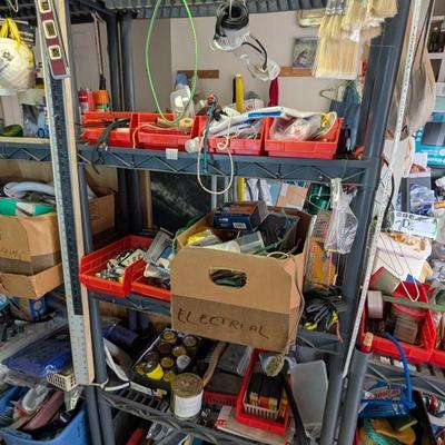Plastic Shelving Unit Approx 32 1/2" x 13" x 73 1/2" & Assortment Of Hardware Sandpaper