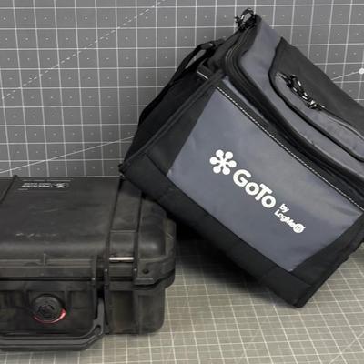 Pelican Case with A broken Latch and a Lunch Bucket