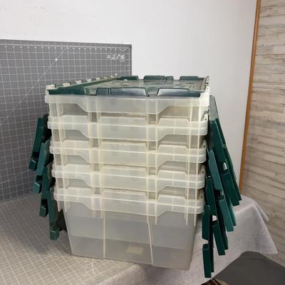 5  Clear Plastic Totes. 8-1/2 Gallon Green / Clear
