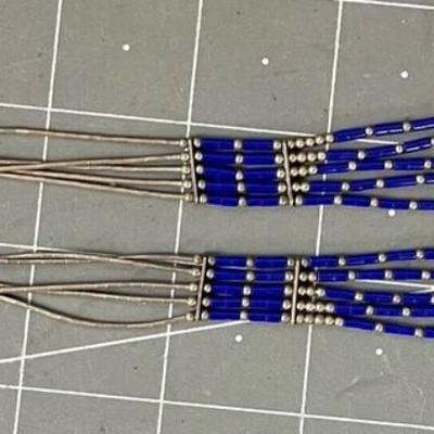 Lapis Lazuli Silver Inlay Choker Necklace Liquid Silver Beads vintage