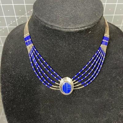 Lapis Lazuli Silver Inlay Choker Necklace Liquid Silver Beads vintage