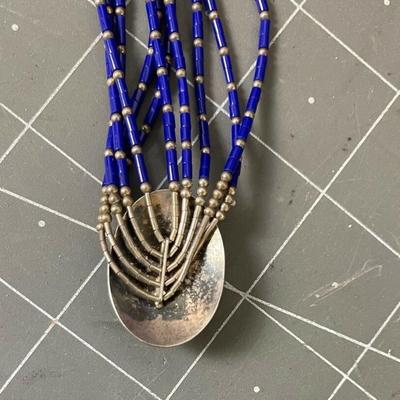 Lapis Lazuli Silver Inlay Choker Necklace Liquid Silver Beads vintage